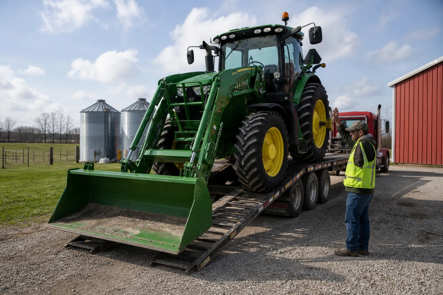 John Deere 6190R Unloading at Farm